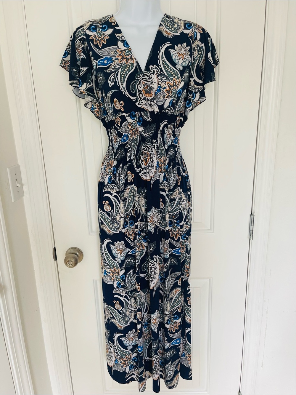 Paisley-Print Navy Maxi Dress with Smocked Waist